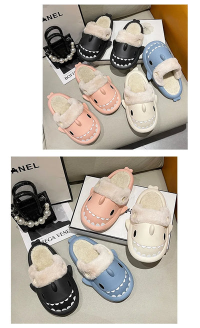 Winter Shark Slippers Woman Cotton Waterproof Sandals Indoor Non-slip Slides Plush Home Warm Couple Shark Flip Flops Flat Shoe
