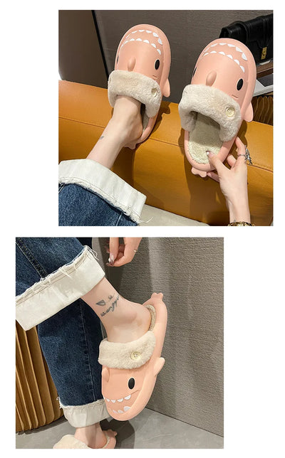 Winter Shark Slippers Woman Cotton Waterproof Sandals Indoor Non-slip Slides Plush Home Warm Couple Shark Flip Flops Flat Shoe