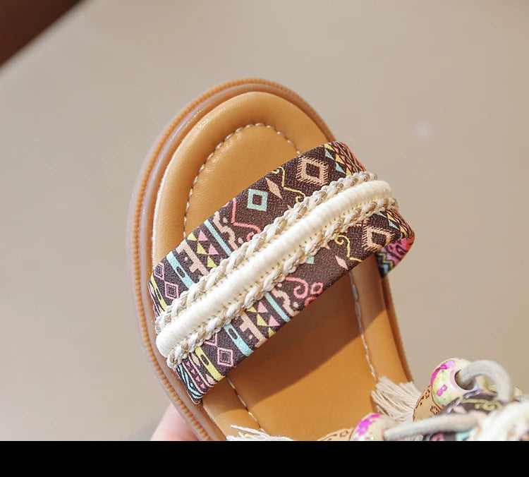 Girls Sandals Ethnic Retro Children Fashion Casual Shoes Tassels 2024 Back Zipper Summer New Sandals Kids Pattern GLADIATOR Cute