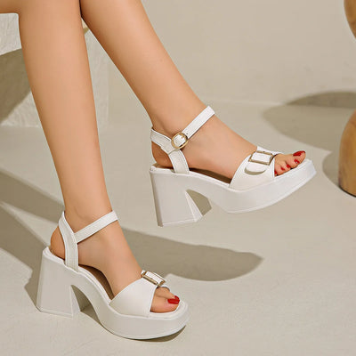 Women's thick sole sandals solid color casual shoes one line buckle high heel sandals women's wedge shaped fish mouth shoes