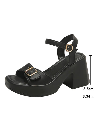 Women's thick sole sandals solid color casual shoes one line buckle high heel sandals women's wedge shaped fish mouth shoes