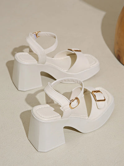 Women's thick sole sandals solid color casual shoes one line buckle high heel sandals women's wedge shaped fish mouth shoes