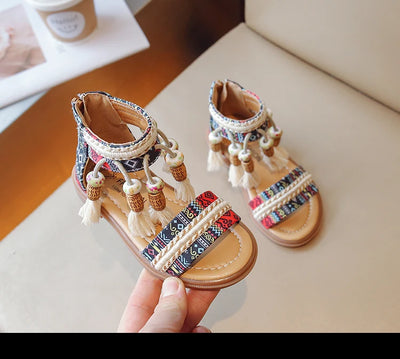Girls Sandals Ethnic Retro Children Fashion Casual Shoes Tassels 2024 Back Zipper Summer New Sandals Kids Pattern GLADIATOR Cute