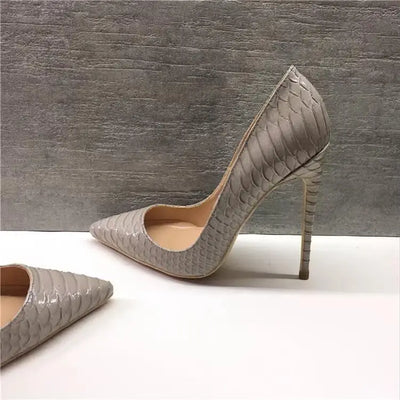 Grey Snakeskin Patent Leather Women's  Shoes Super High Heels Wedding Shoes Big Size 33  43 44 45,Thin Tip High Heel Shoes