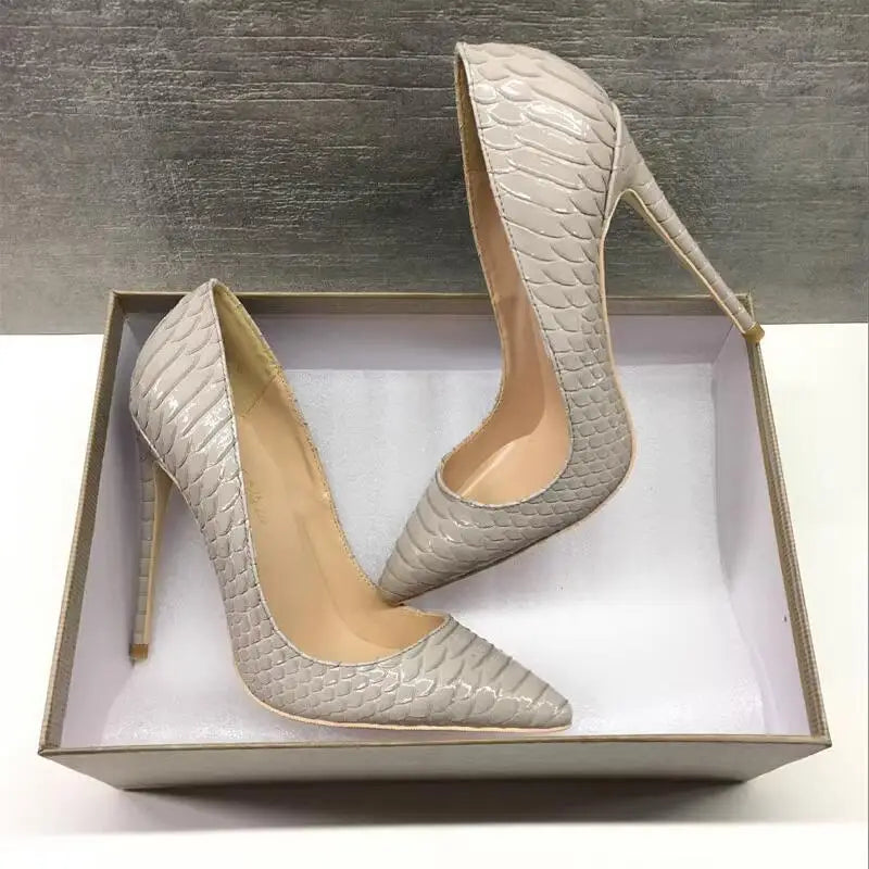 Grey Snakeskin Patent Leather Women's  Shoes Super High Heels Wedding Shoes Big Size 33  43 44 45,Thin Tip High Heel Shoes