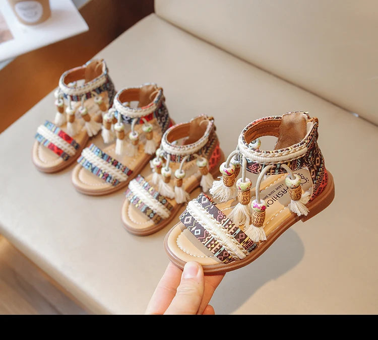 Girls Sandals Ethnic Retro Children Fashion Casual Shoes Tassels 2024 Back Zipper Summer New Sandals Kids Pattern GLADIATOR Cute