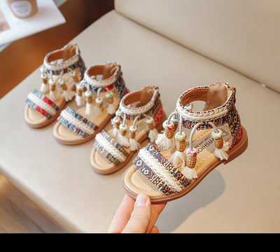 Girls Sandals Ethnic Retro Children Fashion Casual Shoes Tassels 2024 Back Zipper Summer New Sandals Kids Pattern GLADIATOR Cute