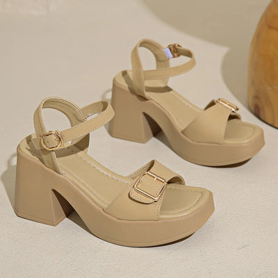 Women's thick sole sandals solid color casual shoes one line buckle high heel sandals women's wedge shaped fish mouth shoes