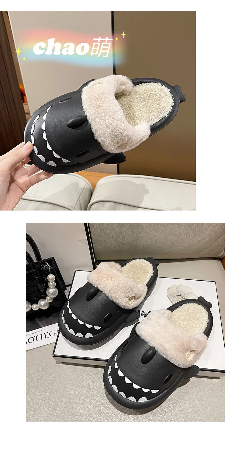 Winter Shark Slippers Woman Cotton Waterproof Sandals Indoor Non-slip Slides Plush Home Warm Couple Shark Flip Flops Flat Shoe