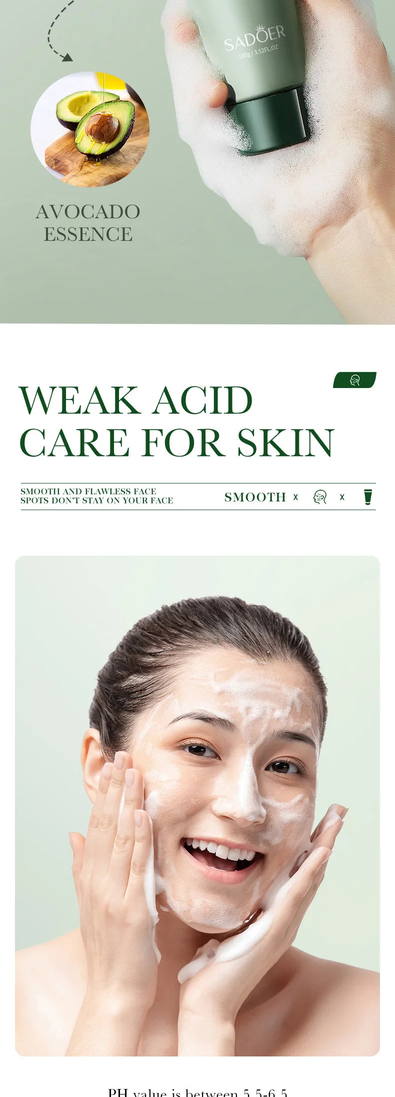 SAODER Avocado Facial Cleanser Face Wash Foam Face Cleanser Moisturizing Exfoliating Facial Cleansing Face Skin Care Products