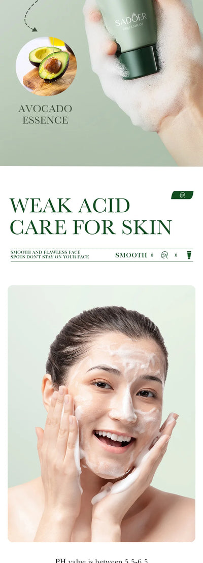 SAODER Avocado Facial Cleanser Face Wash Foam Face Cleanser Moisturizing Exfoliating Facial Cleansing Face Skin Care Products