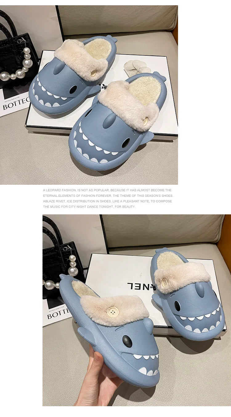 Winter Shark Slippers Woman Cotton Waterproof Sandals Indoor Non-slip Slides Plush Home Warm Couple Shark Flip Flops Flat Shoe