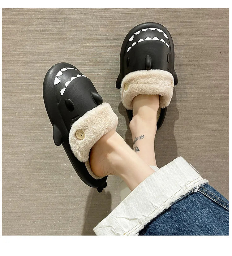 Winter Shark Slippers Woman Cotton Waterproof Sandals Indoor Non-slip Slides Plush Home Warm Couple Shark Flip Flops Flat Shoe
