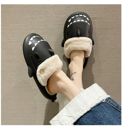 Winter Shark Slippers Woman Cotton Waterproof Sandals Indoor Non-slip Slides Plush Home Warm Couple Shark Flip Flops Flat Shoe