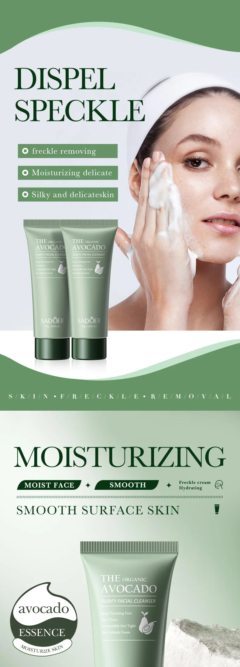 SAODER Avocado Facial Cleanser Face Wash Foam Face Cleanser Moisturizing Exfoliating Facial Cleansing Face Skin Care Products