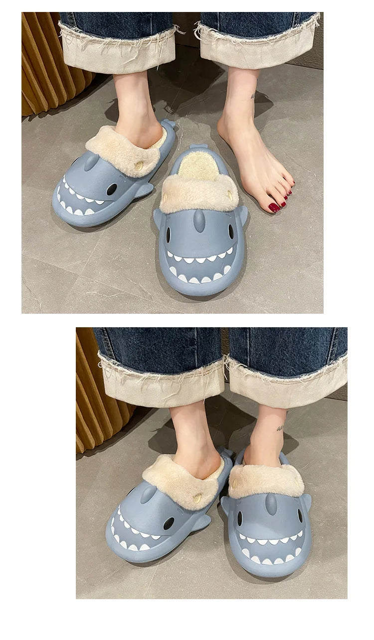 Winter Shark Slippers Woman Cotton Waterproof Sandals Indoor Non-slip Slides Plush Home Warm Couple Shark Flip Flops Flat Shoe