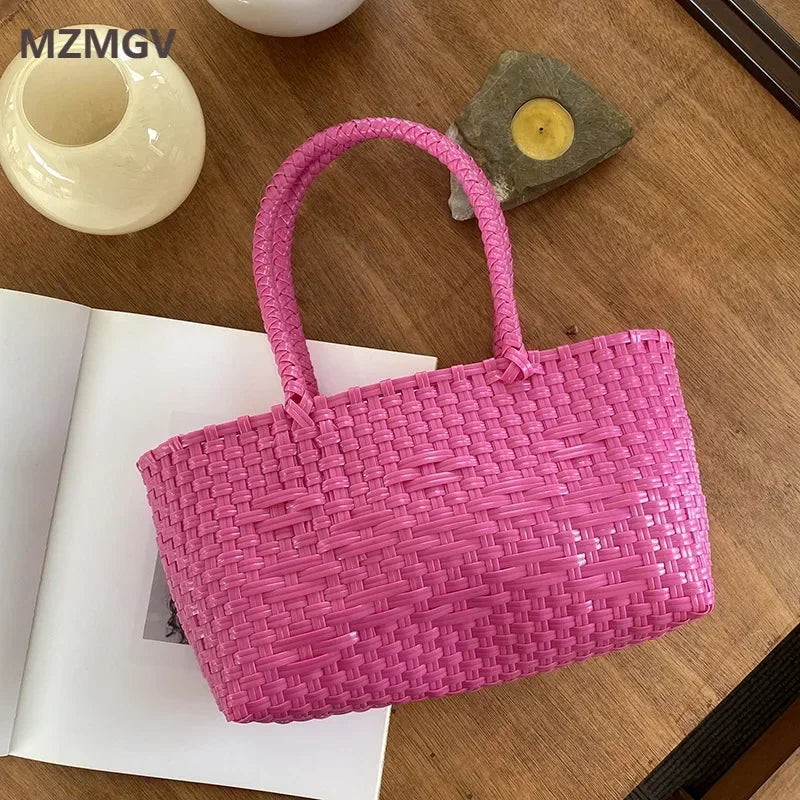Women's PP Hand Woven Handbag Summer Large Capacity Bali Seaside Travel Beach Tote Bag Daily Reusable Shopping Handbag 2024 Hot