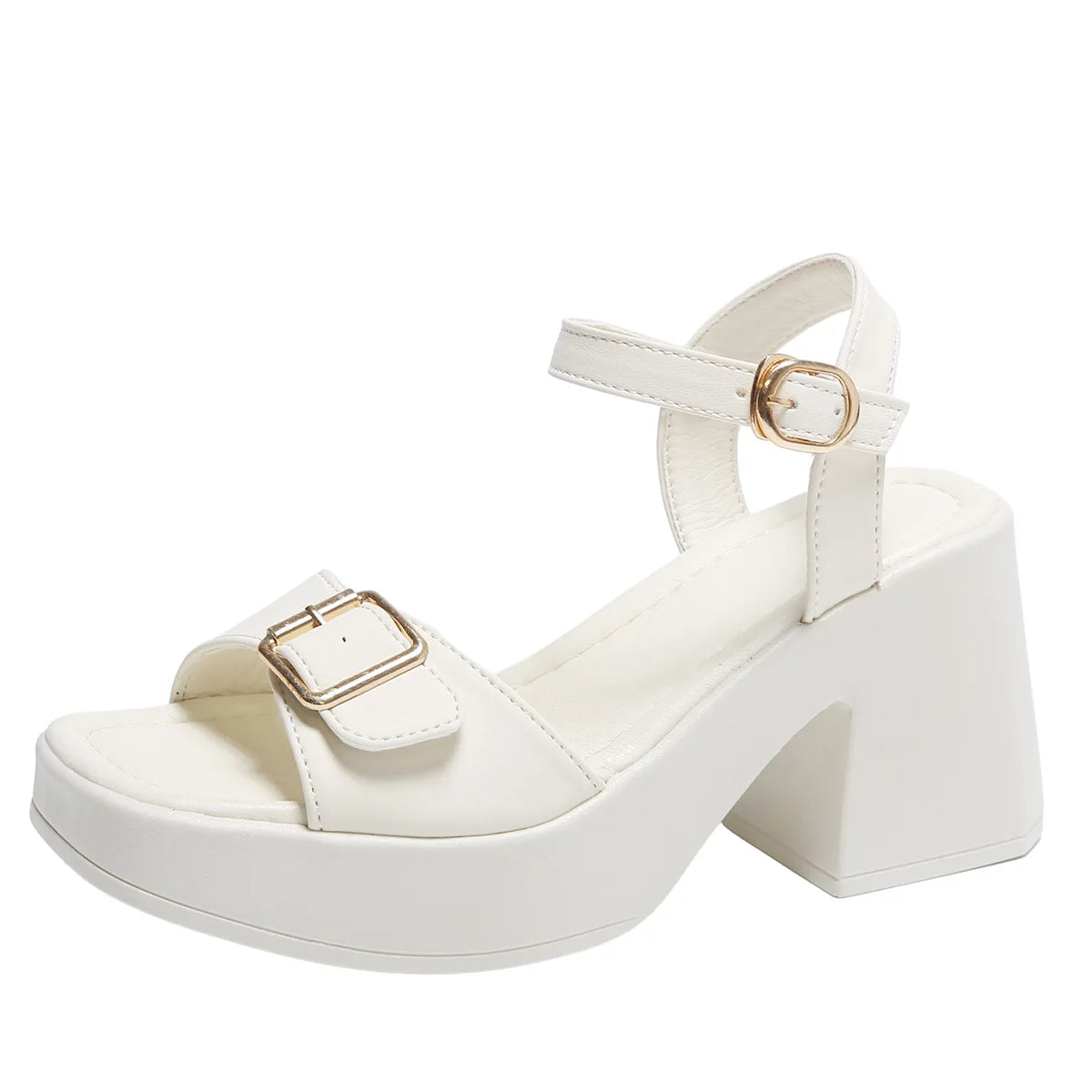 Women's thick sole sandals solid color casual shoes one line buckle high heel sandals women's wedge shaped fish mouth shoes