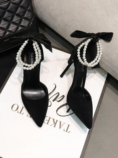 Shoes for Women 2023 Brand Spring Women's Pumps Pointed Toe Solid Flock Beads Bow Tie Buckle Shallow Mouth Novelty High Heels