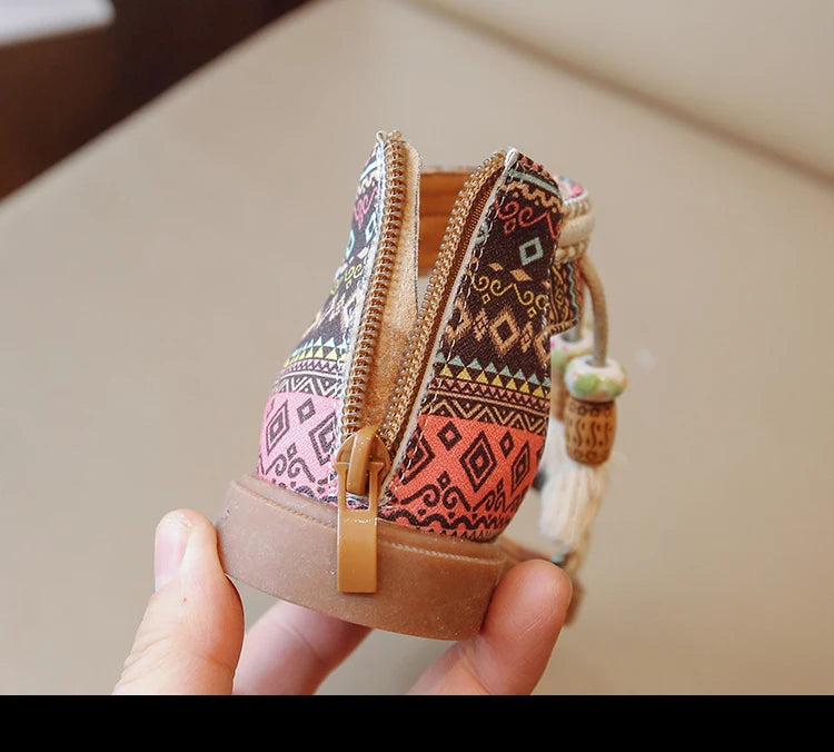 Girls Sandals Ethnic Retro Children Fashion Casual Shoes Tassels 2024 Back Zipper Summer New Sandals Kids Pattern GLADIATOR Cute