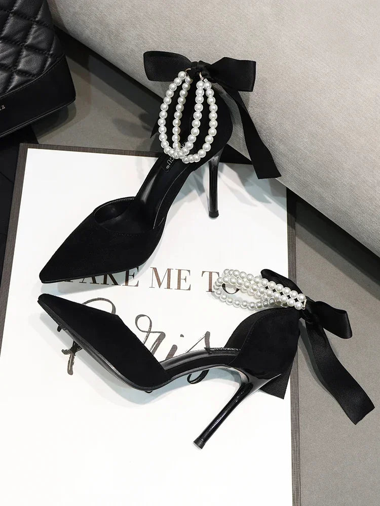 Shoes for Women 2023 Brand Spring Women's Pumps Pointed Toe Solid Flock Beads Bow Tie Buckle Shallow Mouth Novelty High Heels