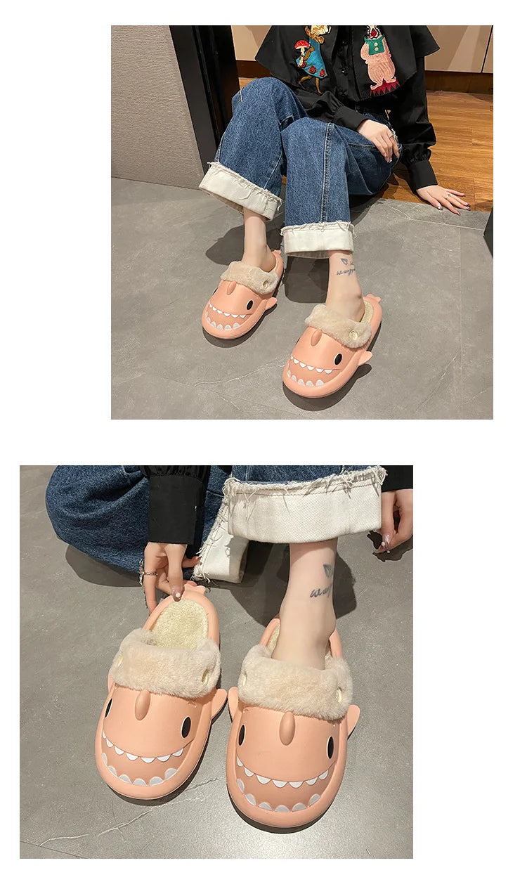 Winter Shark Slippers Woman Cotton Waterproof Sandals Indoor Non-slip Slides Plush Home Warm Couple Shark Flip Flops Flat Shoe