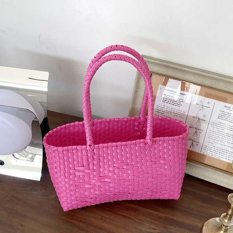 Women's PP Hand Woven Handbag Summer Large Capacity Bali Seaside Travel Beach Tote Bag Daily Reusable Shopping Handbag 2024 Hot