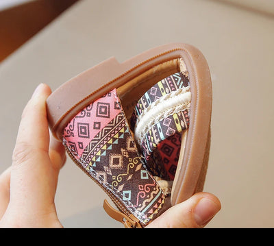 Girls Sandals Ethnic Retro Children Fashion Casual Shoes Tassels 2024 Back Zipper Summer New Sandals Kids Pattern GLADIATOR Cute