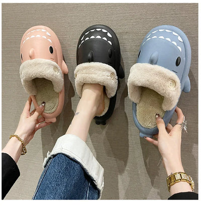 Winter Shark Slippers Woman Cotton Waterproof Sandals Indoor Non-slip Slides Plush Home Warm Couple Shark Flip Flops Flat Shoe