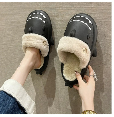 Winter Shark Slippers Woman Cotton Waterproof Sandals Indoor Non-slip Slides Plush Home Warm Couple Shark Flip Flops Flat Shoe