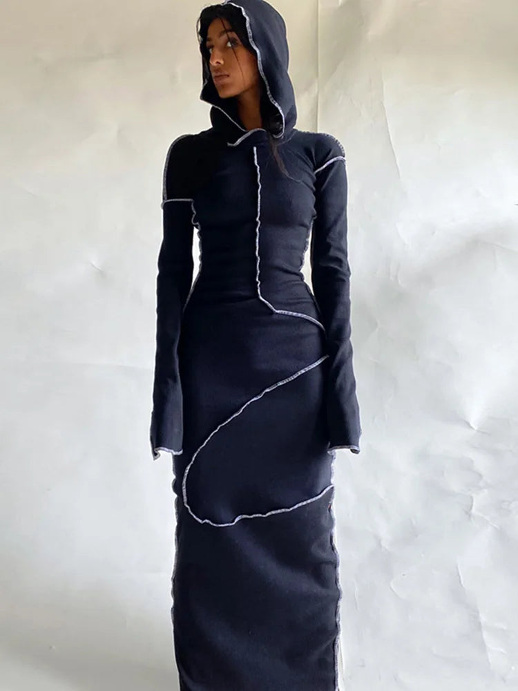 Long Sleeve Hooded Patchwork Skinny Maxi Dress 2021 Autumn Winter Women Fashion Streetwear Casual Outfits